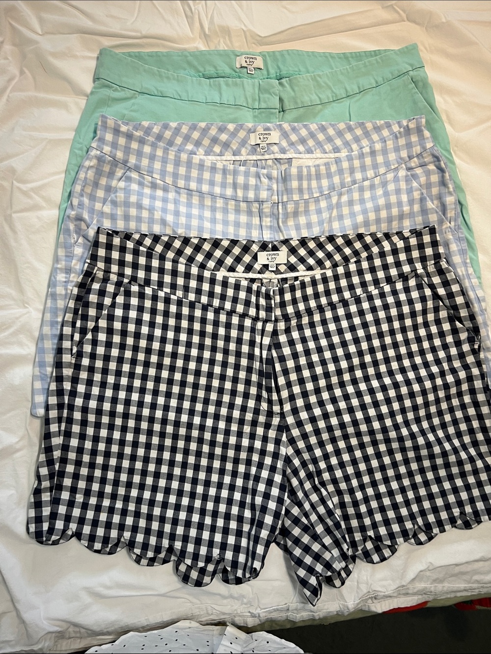 crown & ivy Women’s Scallop Hem Gingham Shorts - Black/White, Light Blue, Mint